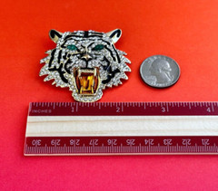 Gold Tone Black Enamel & Rhinestones Tiger Face Brooch Contemporary