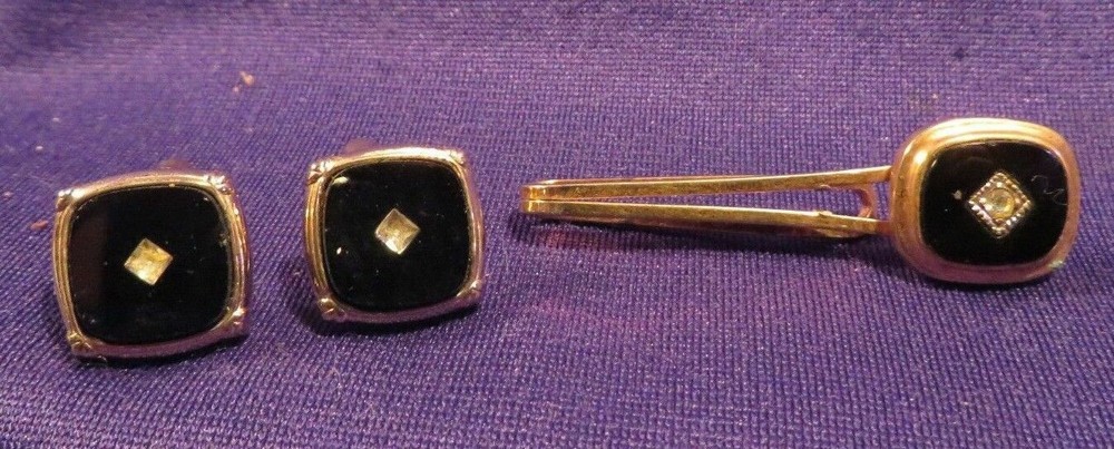 Vintage Goldtone & Black Enamel Tie Bar & Cufflinks Set w/ Faux (?) Diamonds