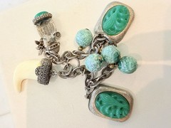 Vintage Silver Tone Charm Bracelet Faux Jade Tusk Boho Missing Stone Repair