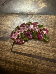Vintage Gold Tone Domed Leaf Pin/Brooch w/ Pink and Green Prong Set Glass Stones
