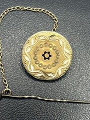 Victorian antique gold tone round brooch pin chain etched enamel flower design