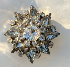 Vintage Miriam Haskell Signed Rhinestone Starburst Brooch Smoky Gray Navette Mid