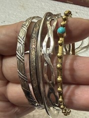 6 Sterling Silver & 1 Brass Bangle Bracelets 91 Grams Silver Marked/Tested