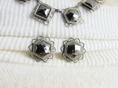 Vintag Faceted Black Hematite Cabochons Choker Necklace Earrings Clip Silvertone