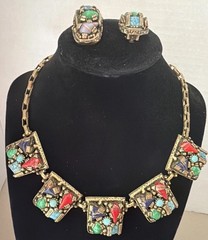 Vintage Selro Selini Art Glass Cabachon Necklace & Earrings Set Beautiful EUC