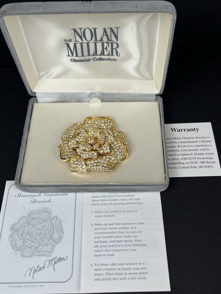 Nolan Miller Stanwyck Gardenia Crystal Flower Brooch – Signed – Box & COA 2.25”