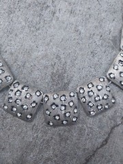 Chunky Silvertone Chain w Ridged Square & Clear Rhinestone Faux Animal Print