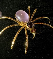 Vintage Czech Spider Brooch Gold Cats Eye Glass Cabochon Purple Rhinestone