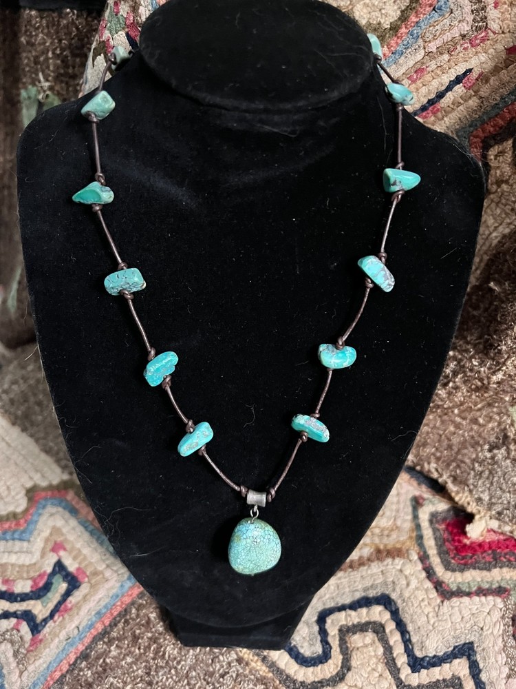 Vintage Leather Corded Necklace w/ Turquoise Pendant & Nuggets Southwest BoHo
