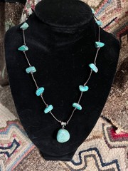 Vintage Leather Corded Necklace w/ Turquoise Pendant & Nuggets Southwest BoHo
