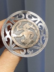 39. Vintage Old Tribal 925 Sterling Mayan Round Cut Out Pin Guatemala 45mm, 9g