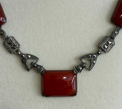 Antique Art Deco Carnelian Glass Sterling Silver & Rhinestones Necklace 16″