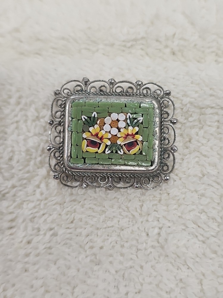 Micro Mosiac Brooch Pin Flower Pattern Green & Silver Made in Italy filigree