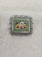 Micro Mosiac Brooch Pin Flower Pattern Green & Silver Made in Italy filigree