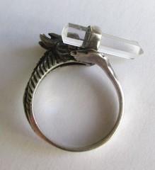 Sz 9.5 VINTAGE STERLING SILVER CLEAR QUARTZ ROCK CRYSTAL WAND DRAGON RING