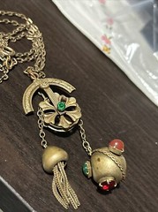 RARE Antique Brass CZECH Unique Necklace Tassel Stone Chatelaine Pulley Fob