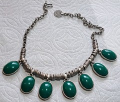 Vintage Old Pawn Necklace w 1″ Green Stones, Hand Made Coin Silver Settings 18″