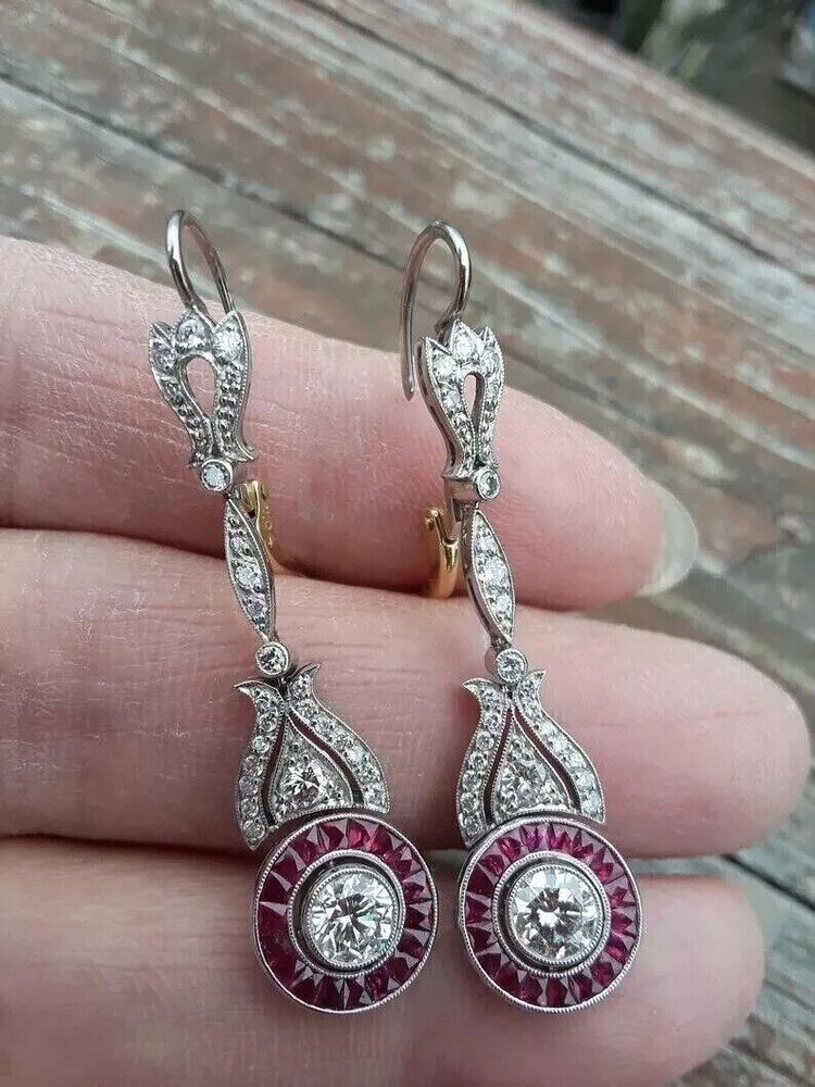 Art Deco Style Lab Created Diamond & Ruby Wedding 14K White Gold Finish Earrings