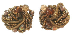 Big ROOT BEER Earrings Vintage Glass Crystal & Seed Bead Clips 1950s
