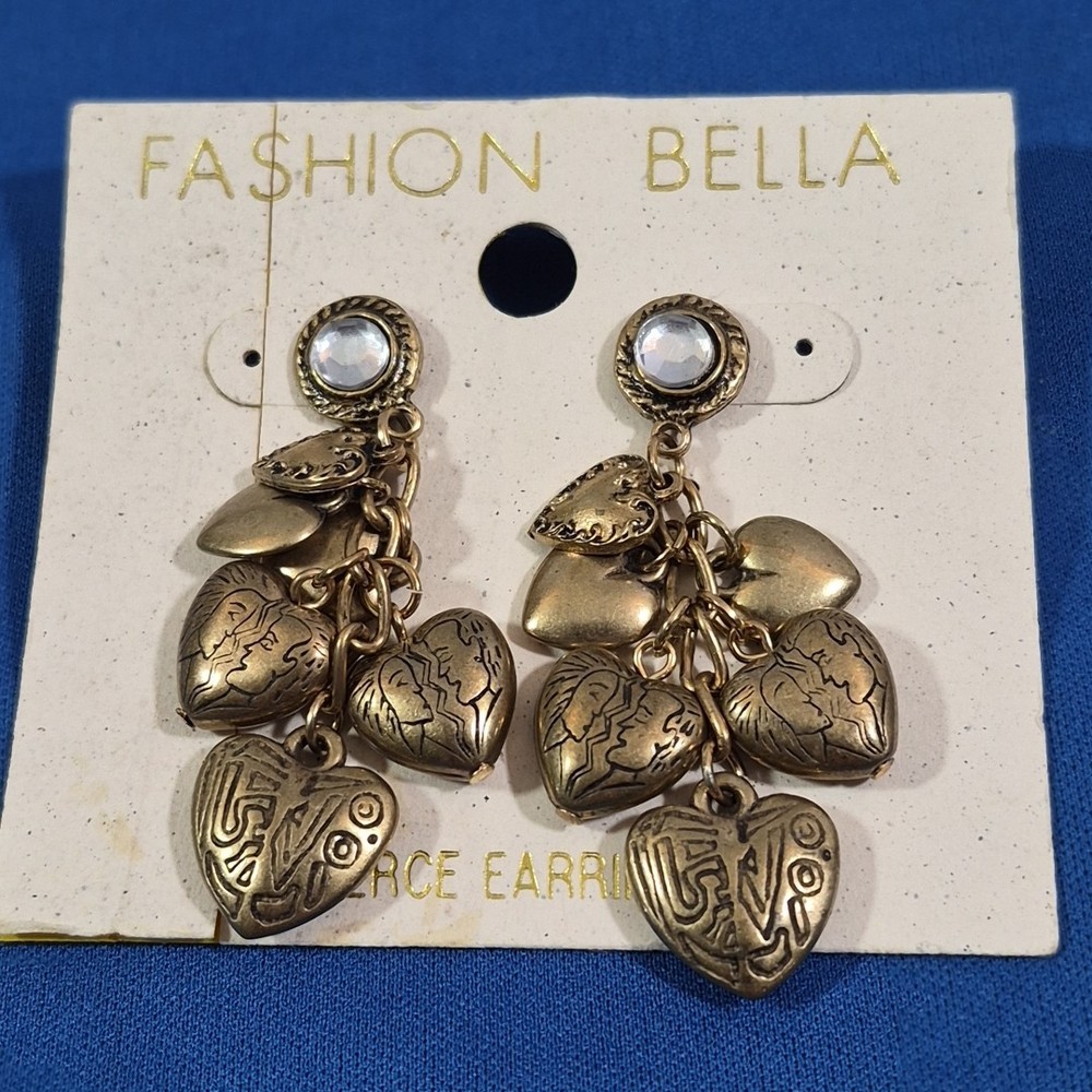 Vintage Fashion Earrings Gold-Tone Rhinestone Dangle Etched Hearts Romantic NOS