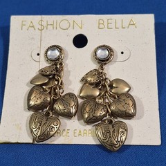 Vintage Fashion Earrings Gold-Tone Rhinestone Dangle Etched Hearts Romantic NOS