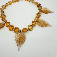 Vtg Art Glass Necklace Amber Citrine Molded Leaves Charm Mellon Beads Read