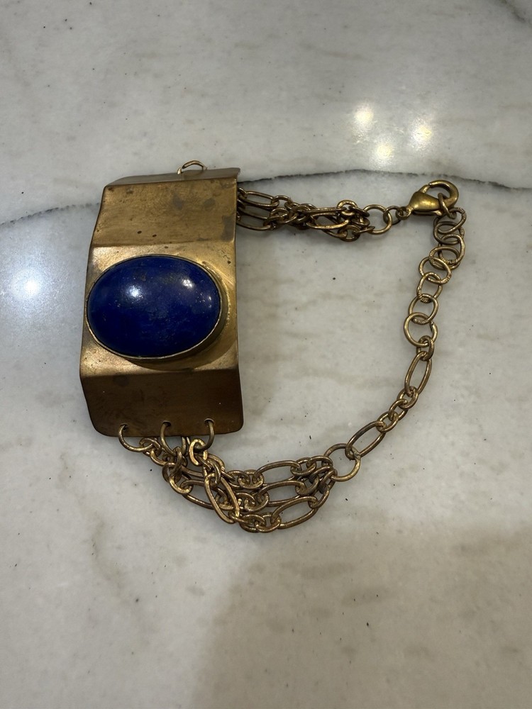 VINTAGE 7 1/2” Long LAPIS LAZULI GEMSTONE BRASS BRACELET Stone 7/8” X 5/8” Oval!