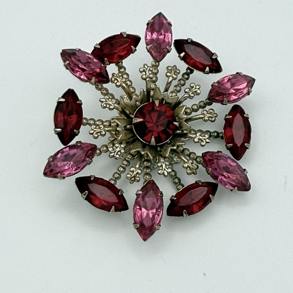 Vintage Brooch Red Pink Magenta Marquise Rhinestone Starburst Filigree Pin 2.5″
