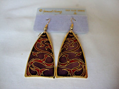 VINTAGE SAMUEL HUANG DESIGNER CLOISONNE RETRO ABSTRACT RED & PURPLE EARRINGS
