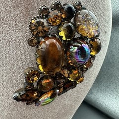 Vintage KRAMER Orange Yellow Brown Rhinestone Stone Brooch Large Navette