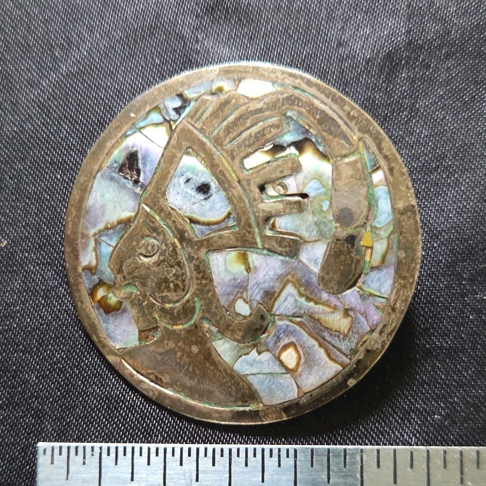 Signed Silver Round Mother of Pearl/Abalone Portrait Inlay Brooch Pin