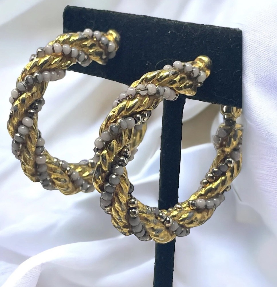 Vintage Gold Tone Twisted Rope Hoop Earrings Grey Silver Beaded Screw Back MCM