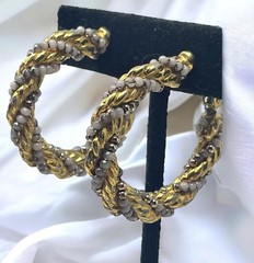 Vintage Gold Tone Twisted Rope Hoop Earrings Grey Silver Beaded Screw Back MCM