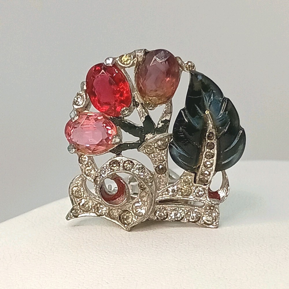 Art Deco Mazer Bros Dress Clip Fruit Salad Tutti Frutti Crystal Floral Spray