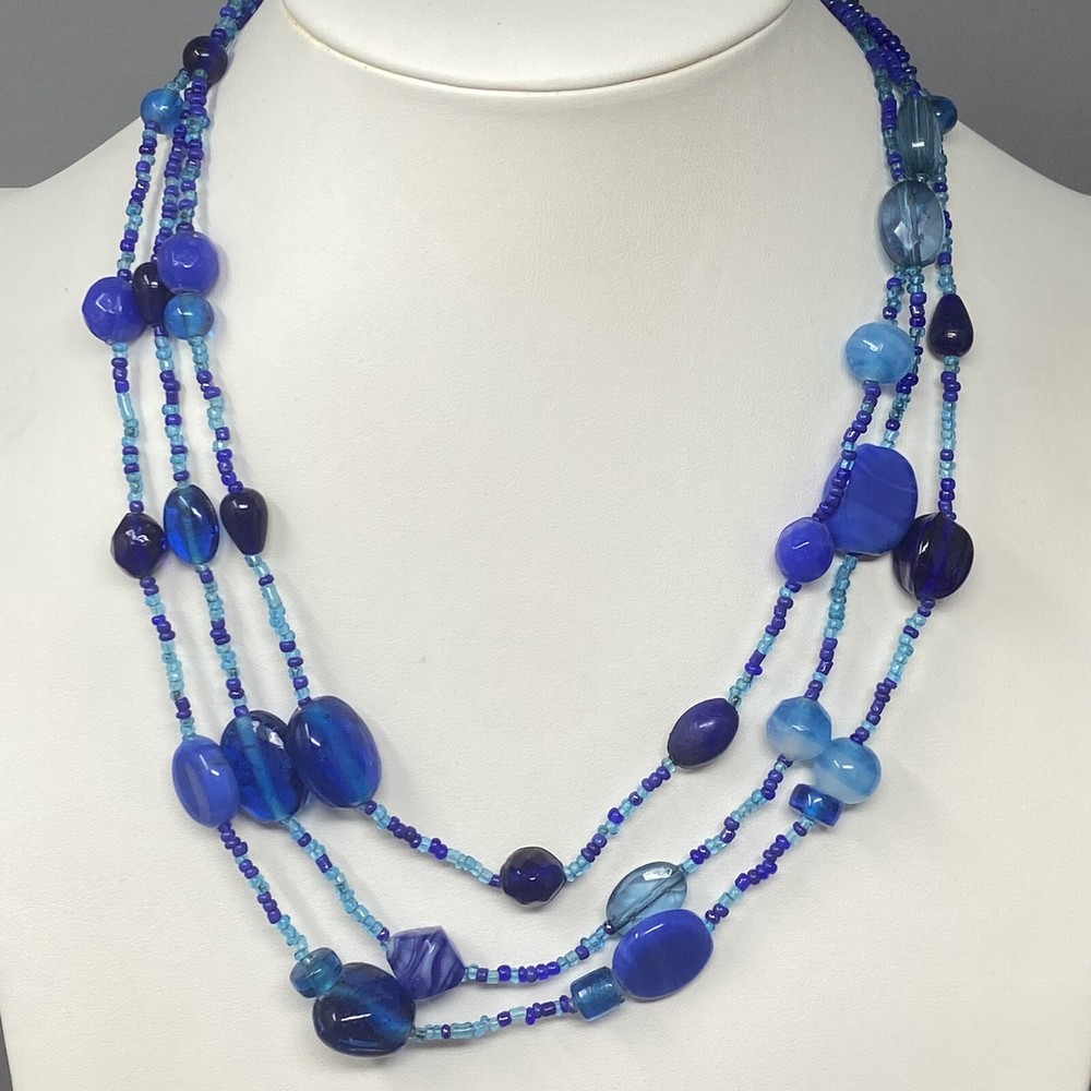 Layered Art Glass Necklace Blue Marble Opaque Transparent Bead Seed Acrylic 20″