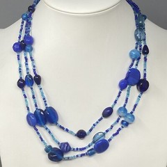 Layered Art Glass Necklace Blue Marble Opaque Transparent Bead Seed Acrylic 20″