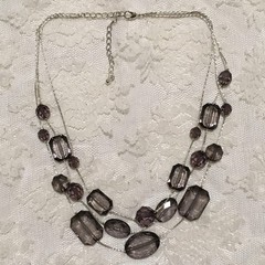 Vintage Silver Tone Smokey Purple Gray Bead 3 Strand Necklace Layered Statement