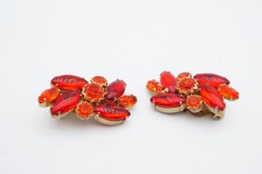 Vintage Clip On Earrings Gold Tone Red Orange Rhinestone