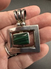 Vintage TR-110 Mexico Sterling Silver Malachite Pendant Modernist Taxco Style
