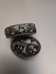 Vtg JJ Jonette Pewter Mushroom Trinket Box Brooch Pin Matching Earrings Signed