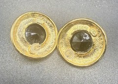Vintage Round Stud Earrings Purple Enamel Gold Tone Black Faceted Stone Pierced