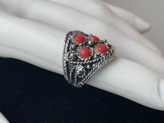 Vintage silver tone braided southwestern Orange coral ring intricate fits 5 6