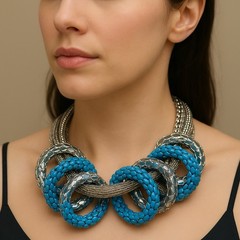 Vintage Graziano Mesh Chain Runway Necklace Estate Jewelry Statement Blue Enamel