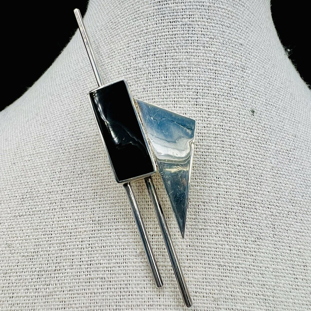 Vintage Signed Mexico 925 Sterling Silver Taxco Modernist Onyx Brooch Geometric