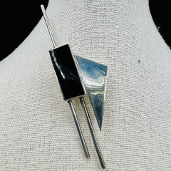 Vintage Signed Mexico 925 Sterling Silver Taxco Modernist Onyx Brooch Geometric