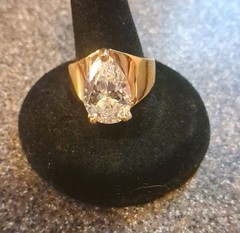Rare & vintage! unbranded Sterling 925 Gold Wash 15mm Teardrop CZ Ring size 6