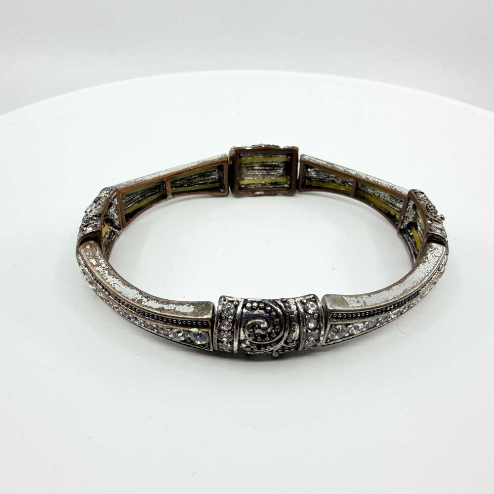 VTG Antique Silver Tone Clear Rhinestone Swirl Art Deco Stretch Bangle Bracelet