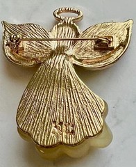 VINTAGE Angel Brooch AB Rhinestones Resin Gold Tone 2″ Pin Designer Signed KC
