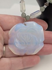 Vtg Sterling Silver Large Opalite Rose Flower Carved Jade Leaf Necklace
