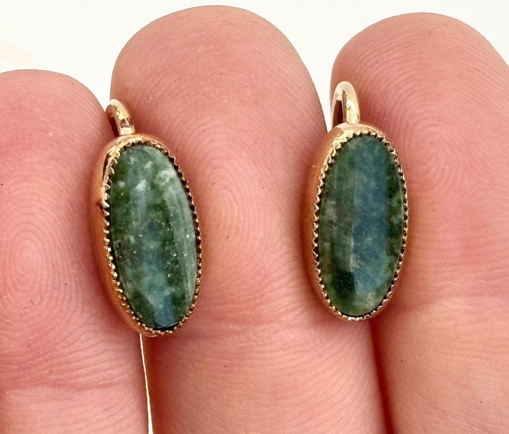 Prehnite Gemstone Accented Oval 12k Gold Filled Stud Screw Back Vintage Earrings